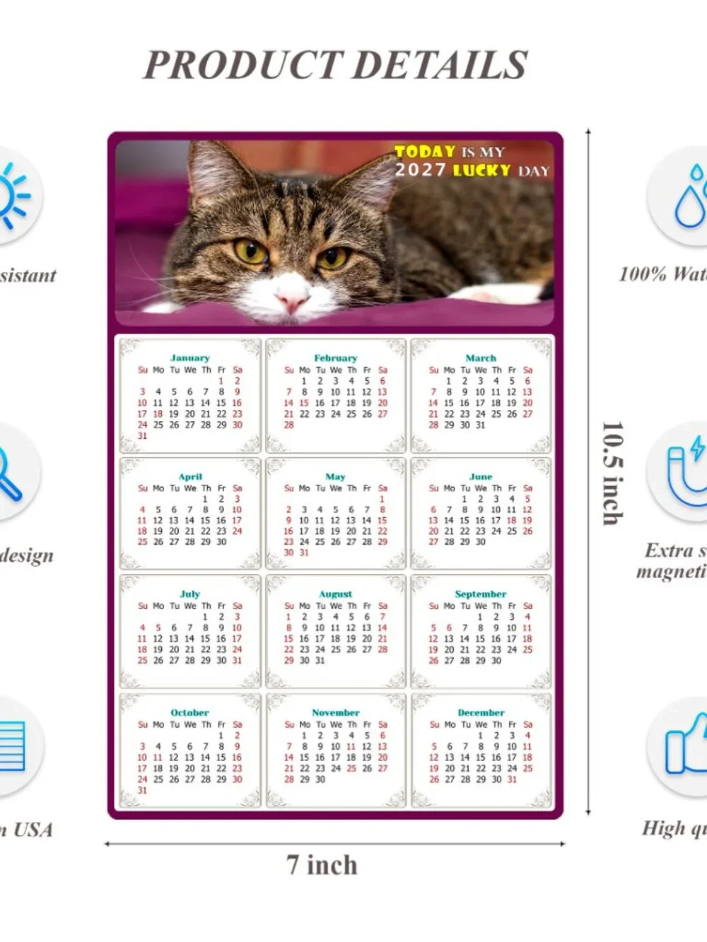 2027 Magnetic Calendar - Today is my Lucky Day - Cat Themed 022 (7 x 10.5)